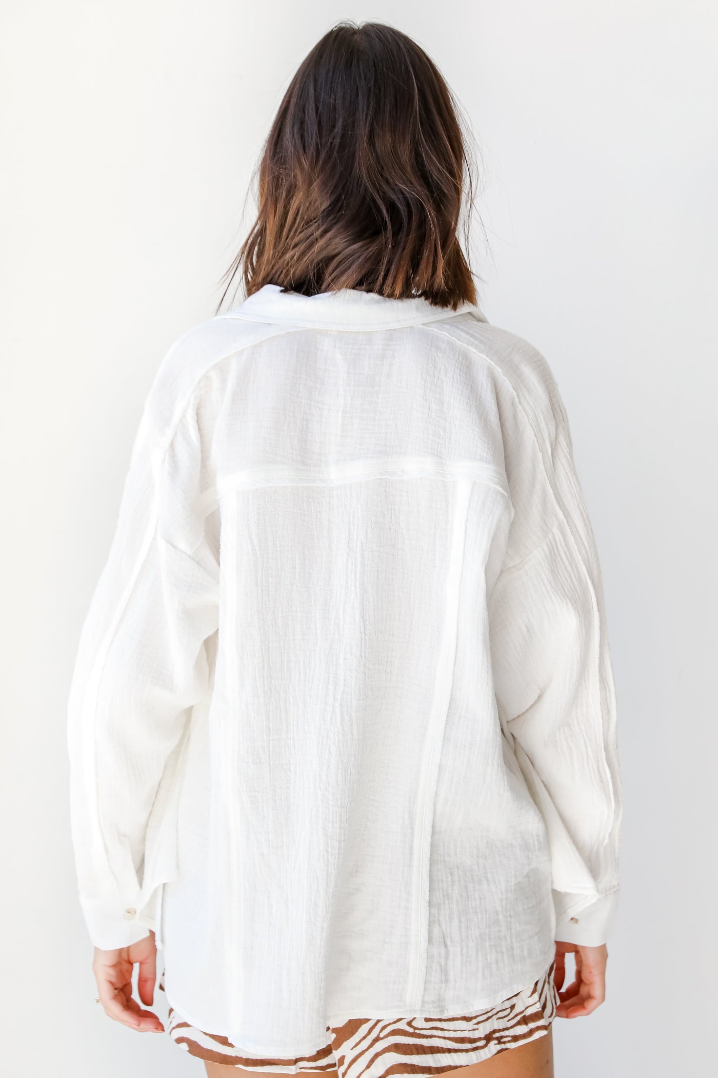 Linen Button-Up Blouse in white back view