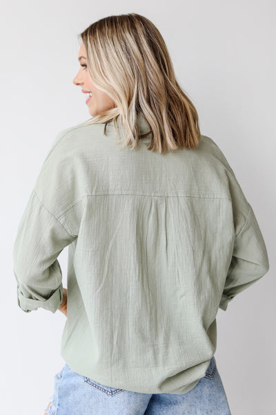 Linen Button-Up Blouse in sage back view