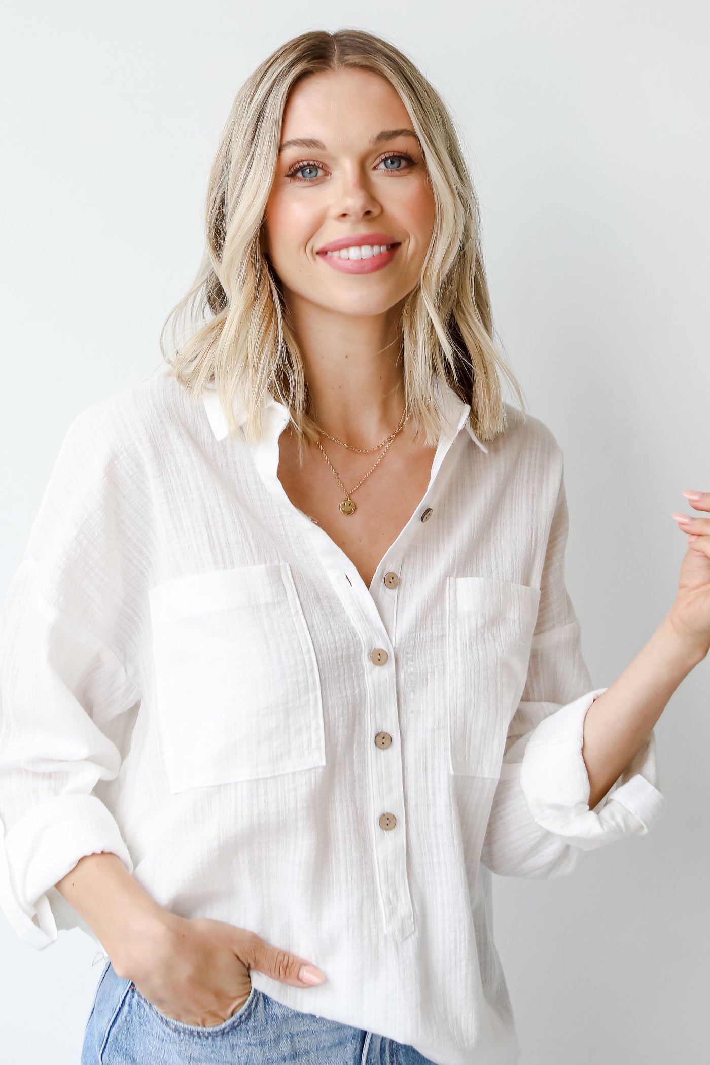 Linen Button-Up Blouse in white