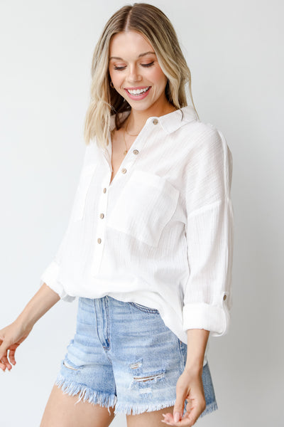 Linen Button-Up Blouse in white side view
