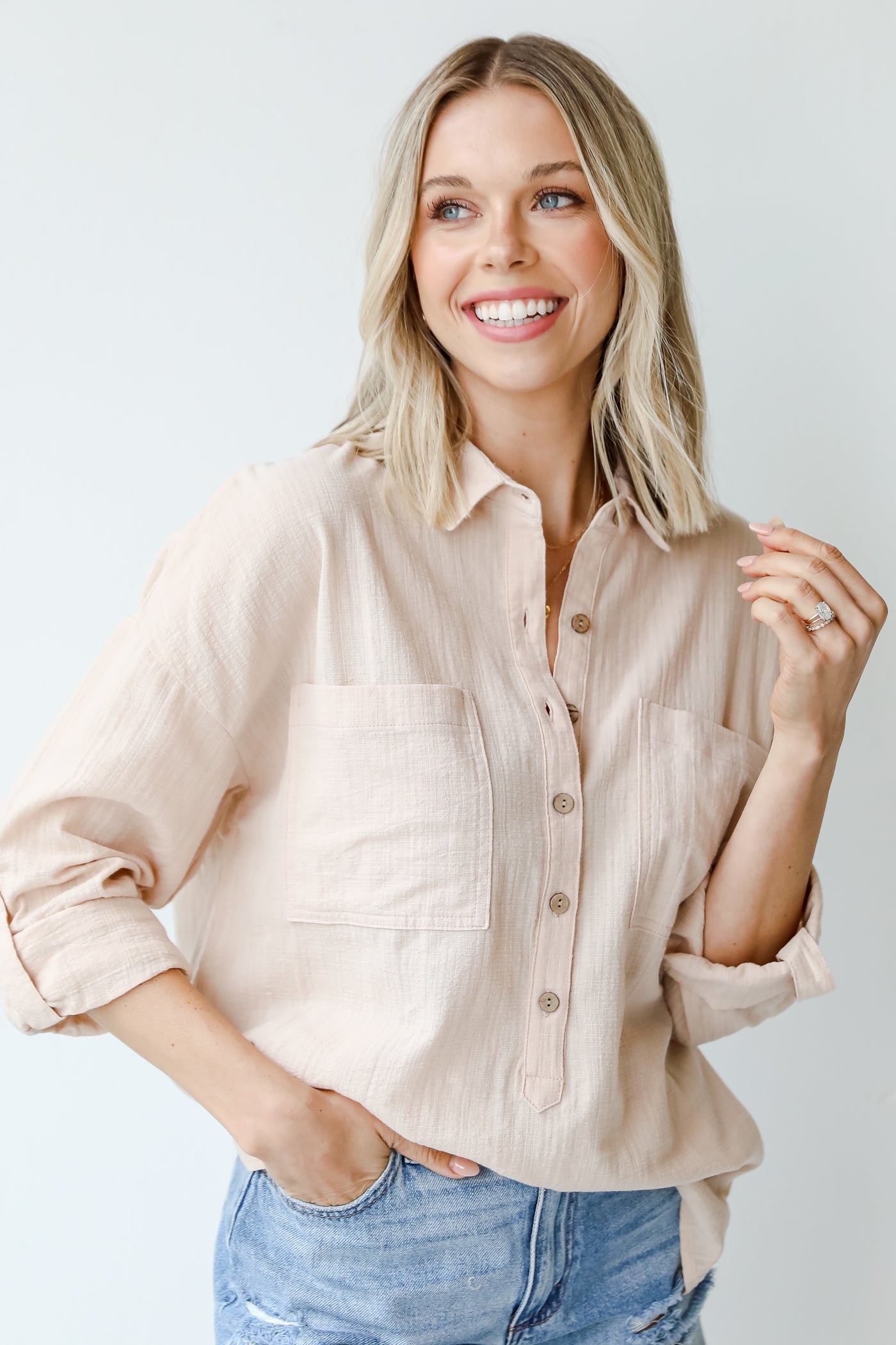 Linen Button-Up Blouse in taupe