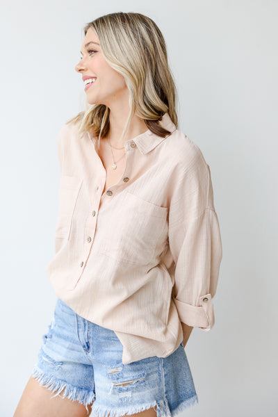 Linen Button-Up Blouse in taupe side view