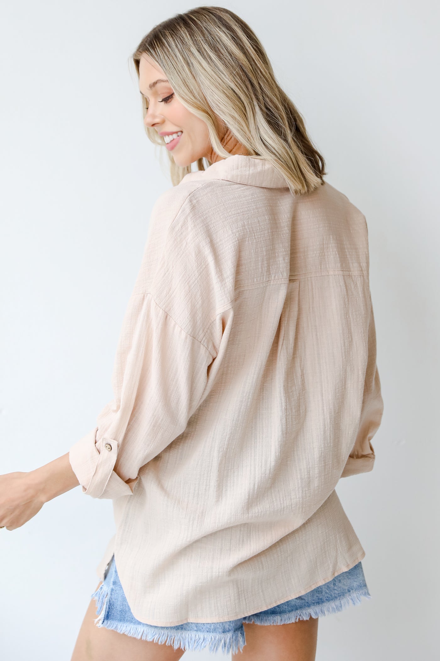 Linen Button-Up Blouse in taupe back view