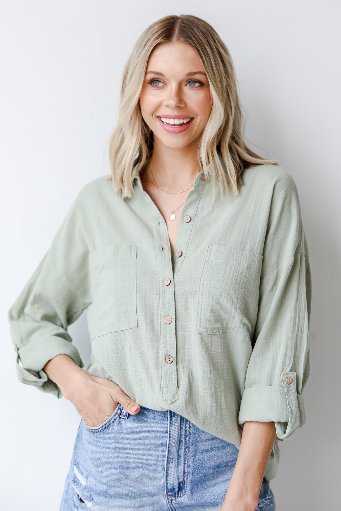 Linen Button-Up Blouse in sage