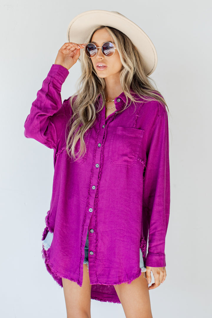 Linen Blouse in fuchsia front view