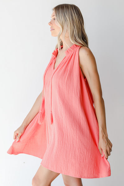 Linen Mini Dress in coral side view