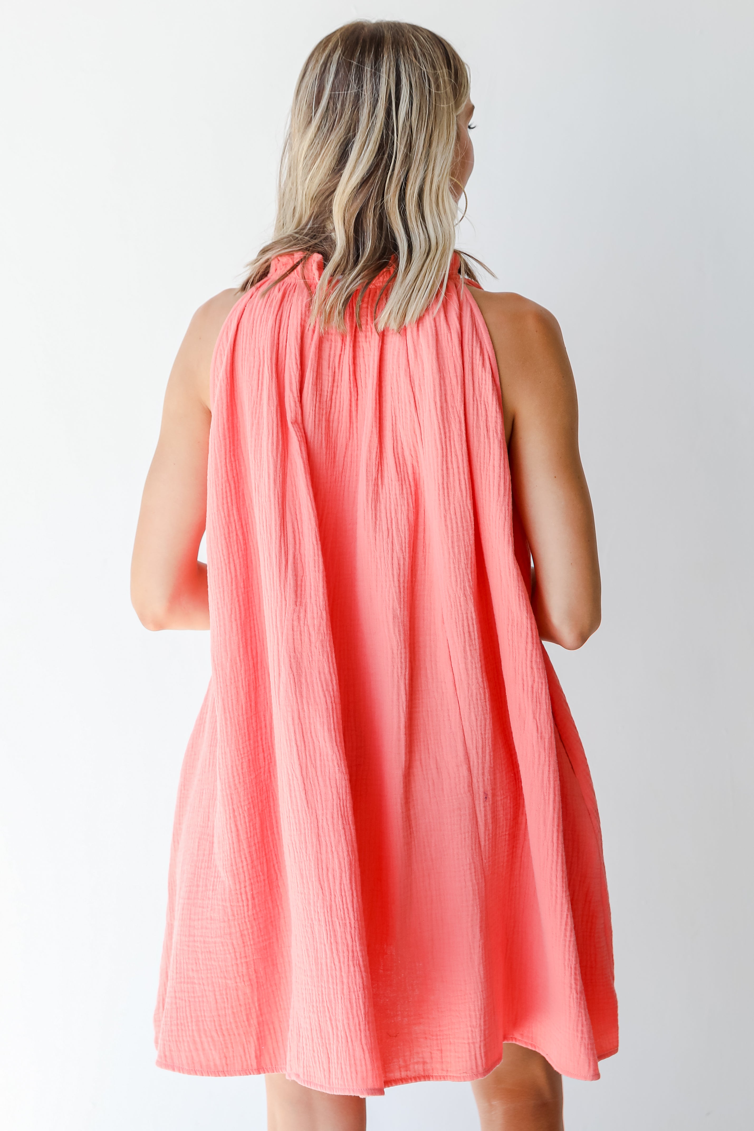 Linen Mini Dress in coral back view