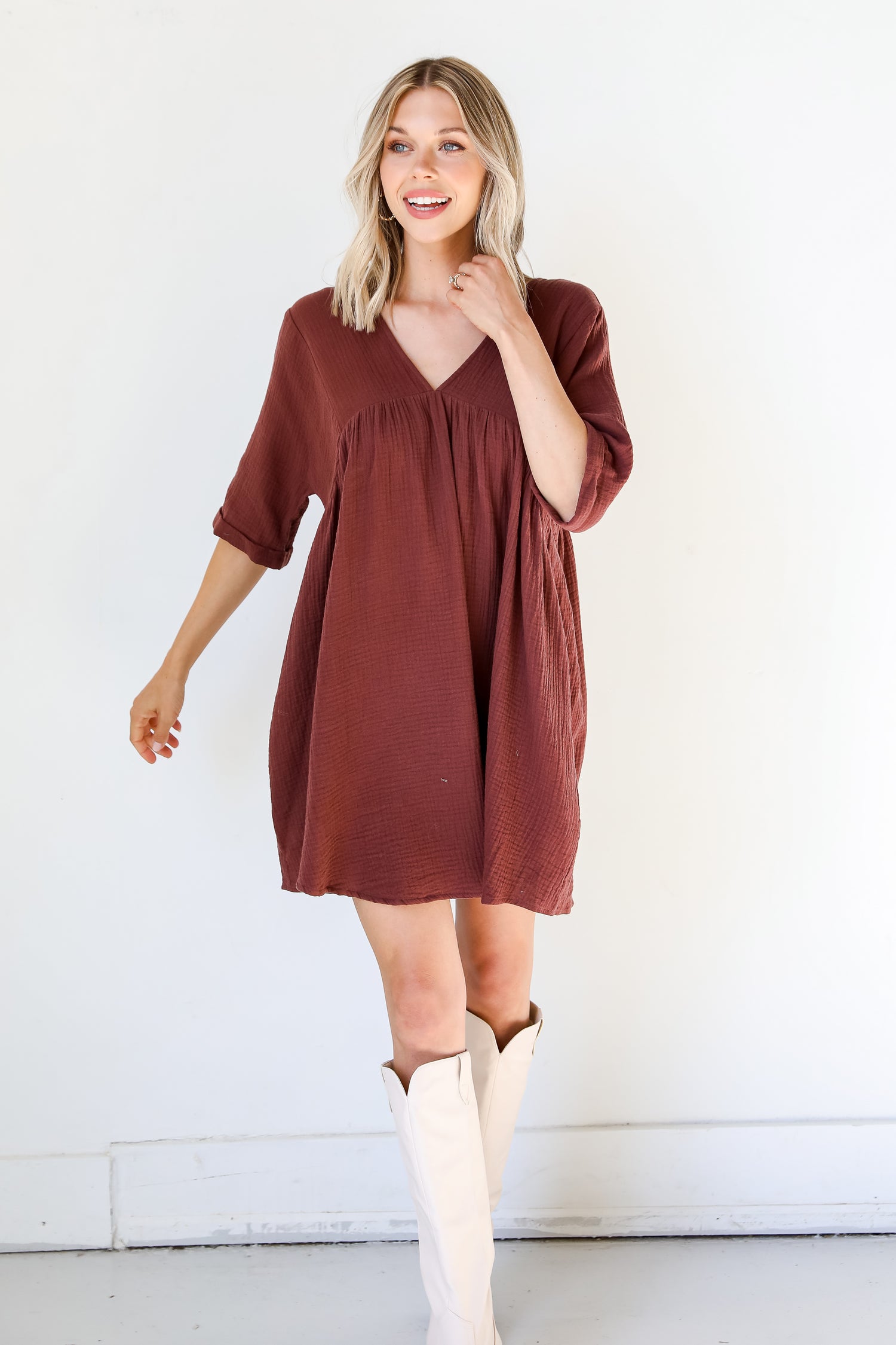 Linen Babydoll Mini Dress on model