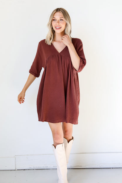 Linen Babydoll Mini Dress on model