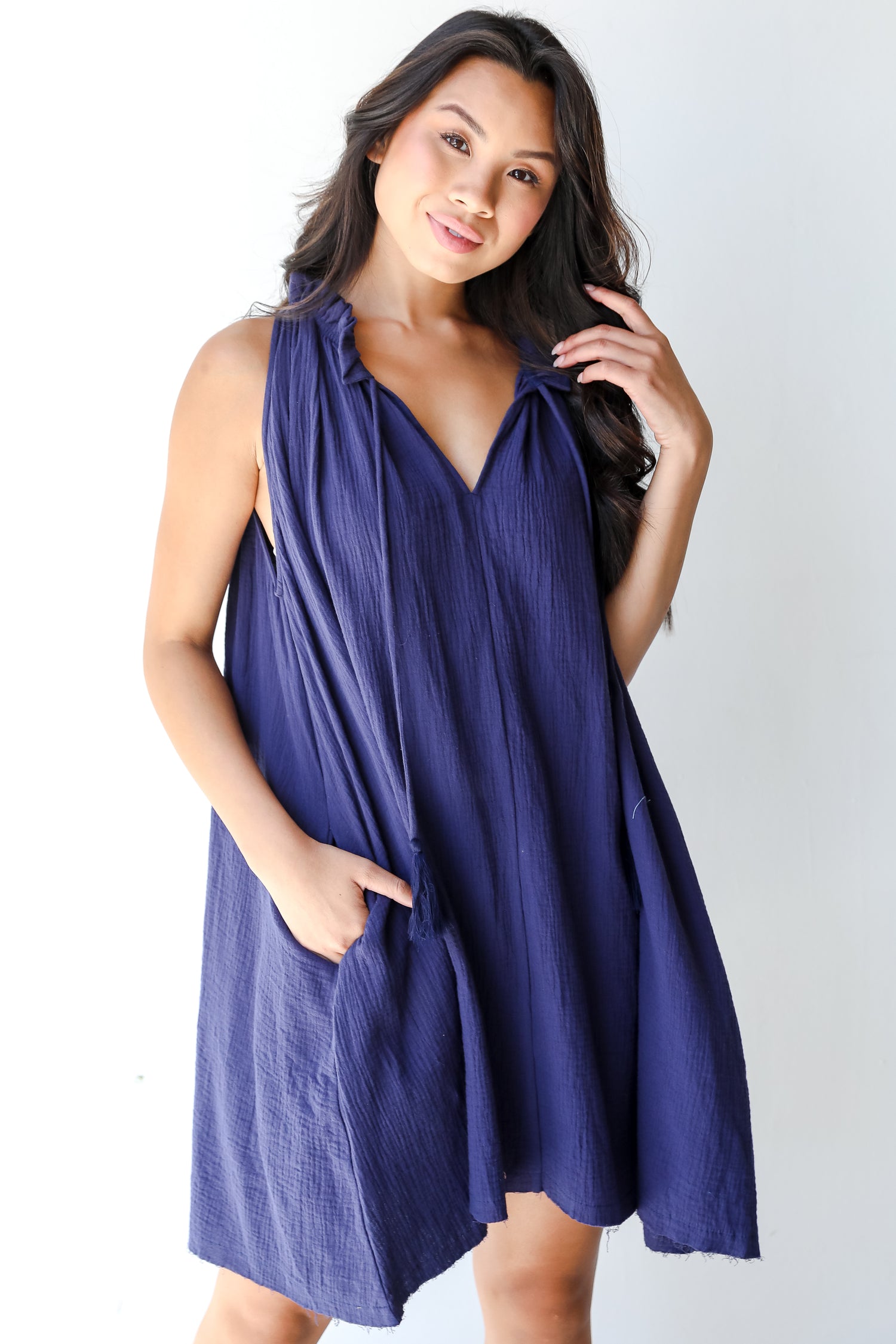 Linen Mini Dress in navy on model