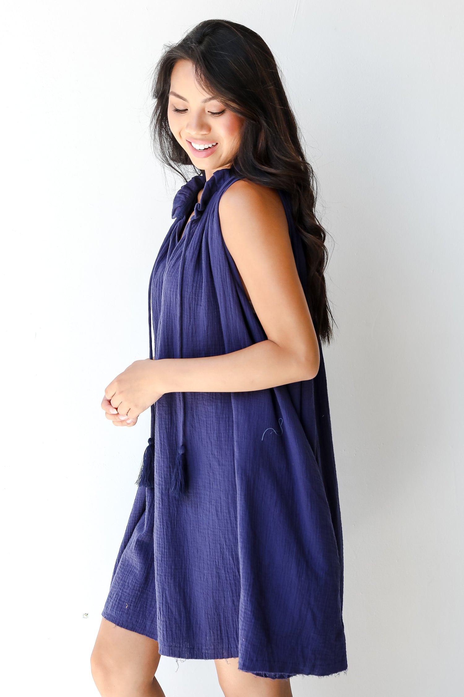 Linen Mini Dress in navy side view