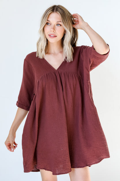 Linen Babydoll Mini Dress front view