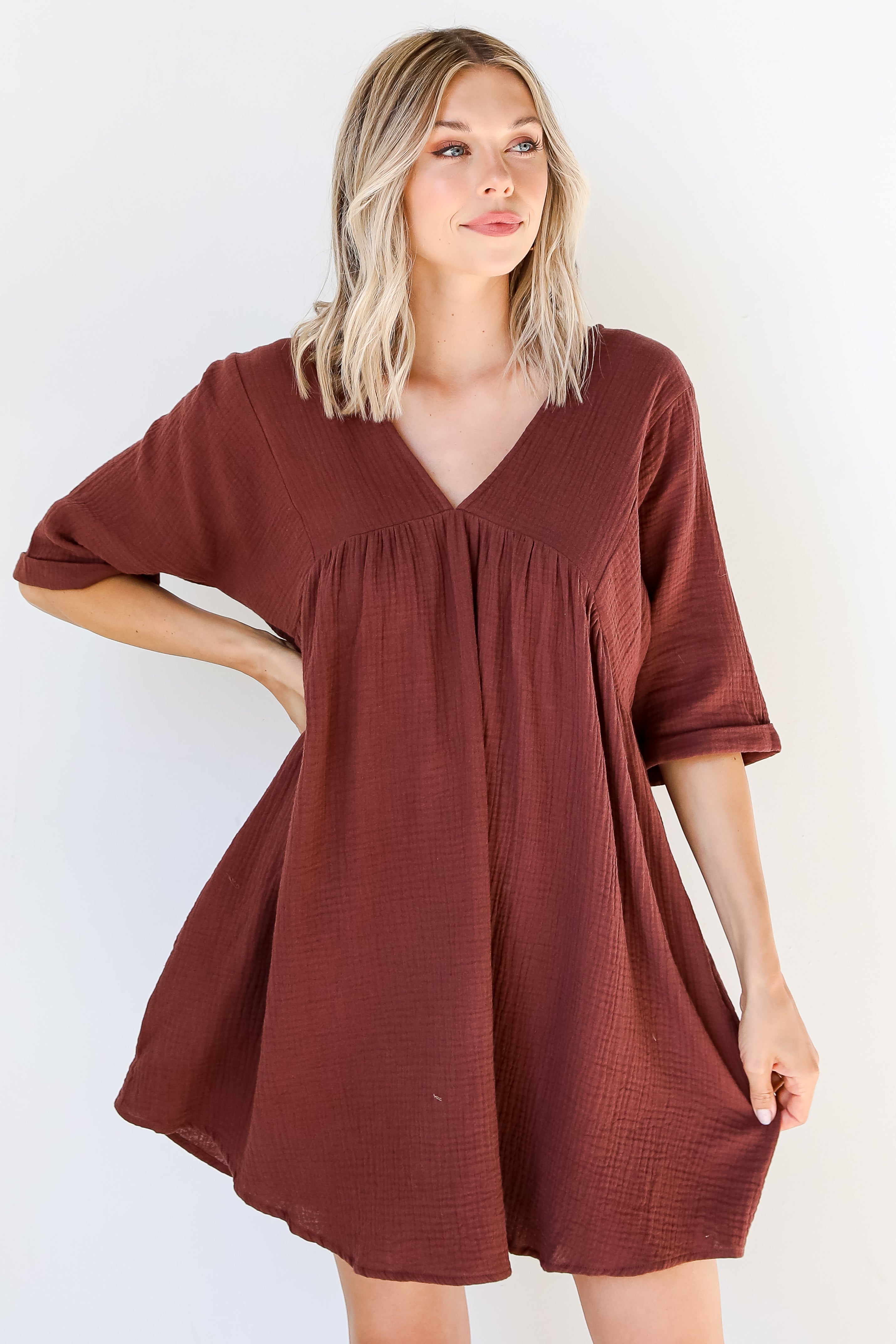 Linen Babydoll Mini Dress on model