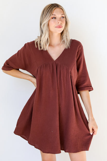 Linen Babydoll Mini Dress on model