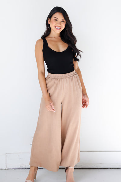 taupe Linen Pants on model
