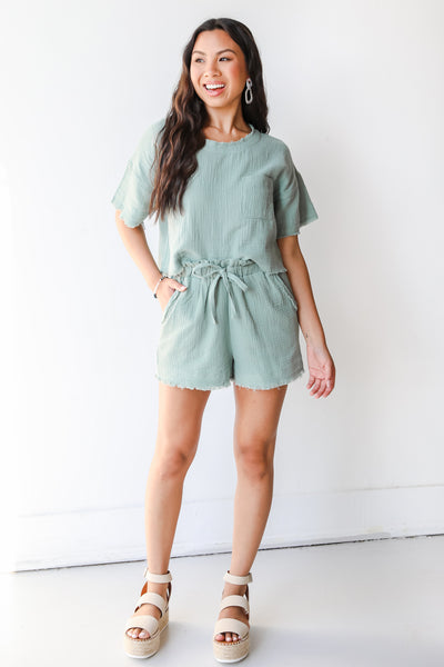 Linen Shorts in sage on model