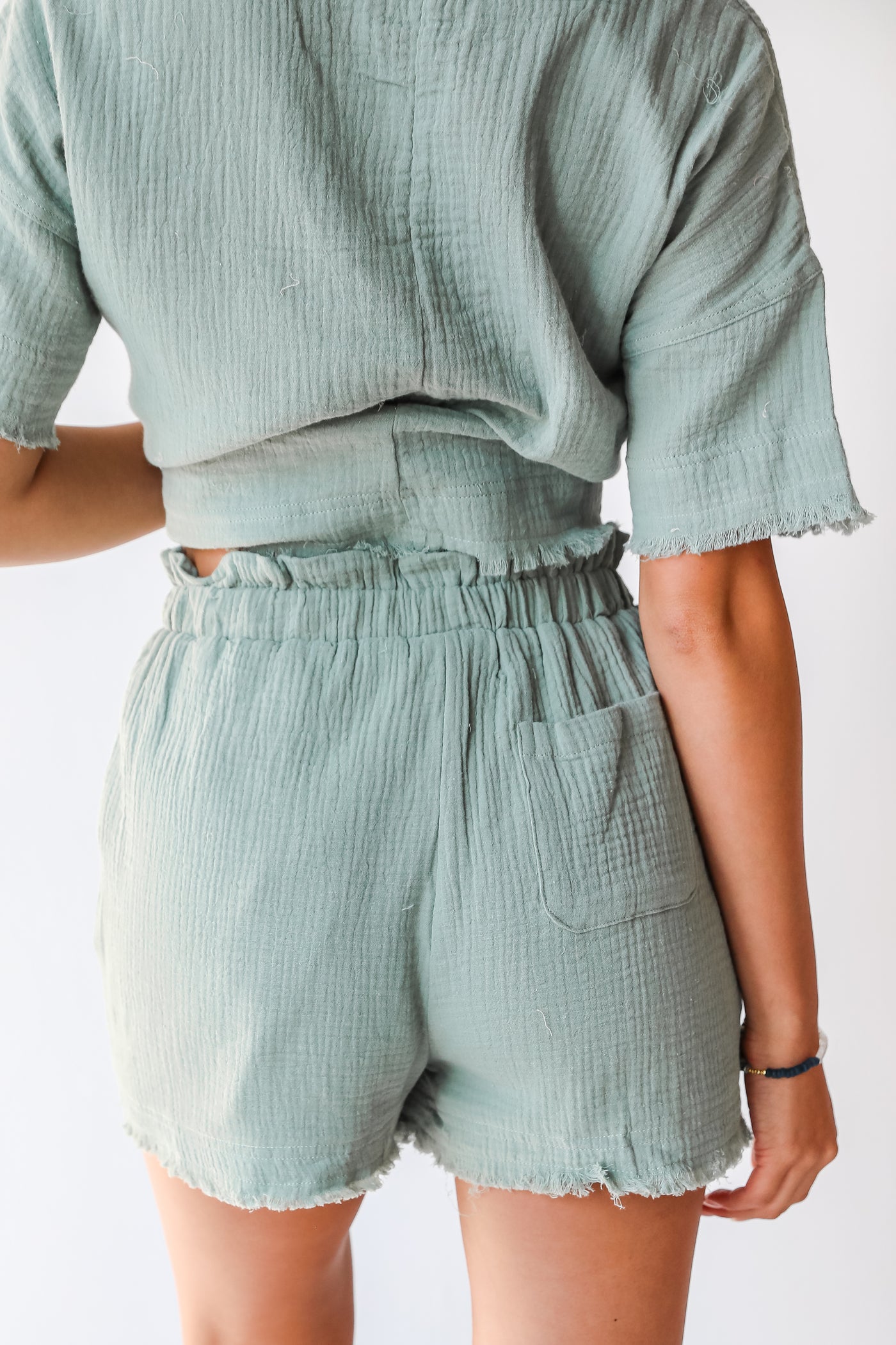 Linen Shorts in sage back view