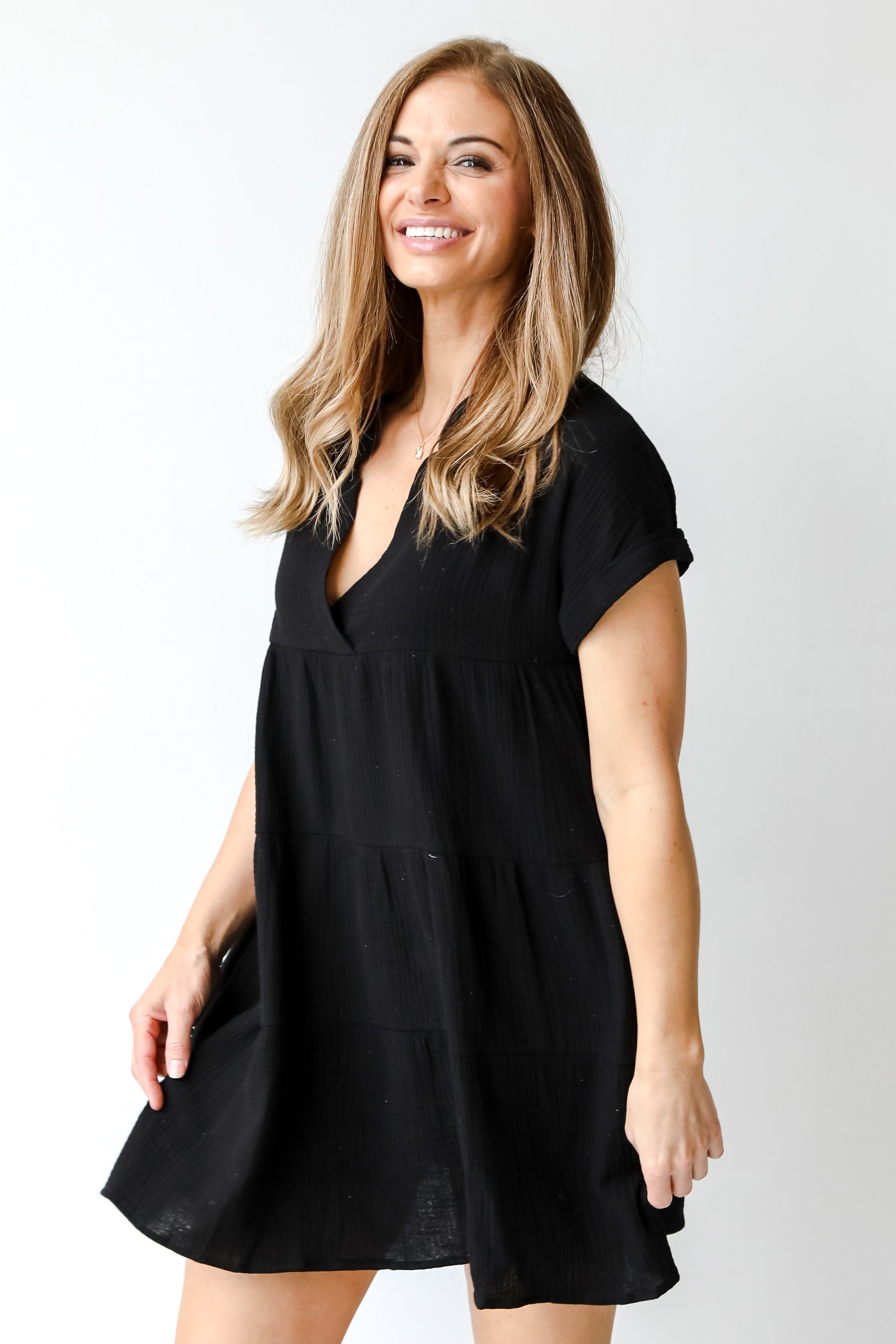 Linen Tiered Mini Dress in black side view