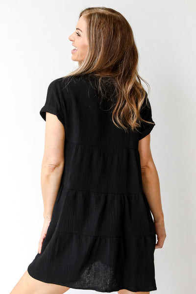 Linen Tiered Mini Dress in black back view