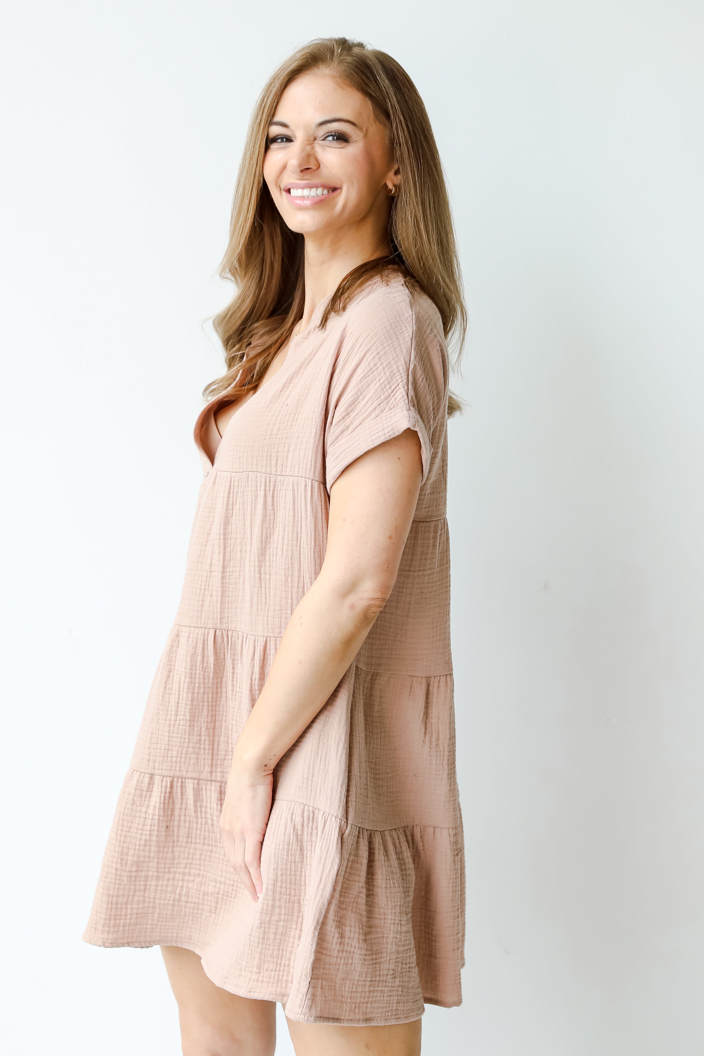 Linen Tiered Mini Dress in oatmeal side view