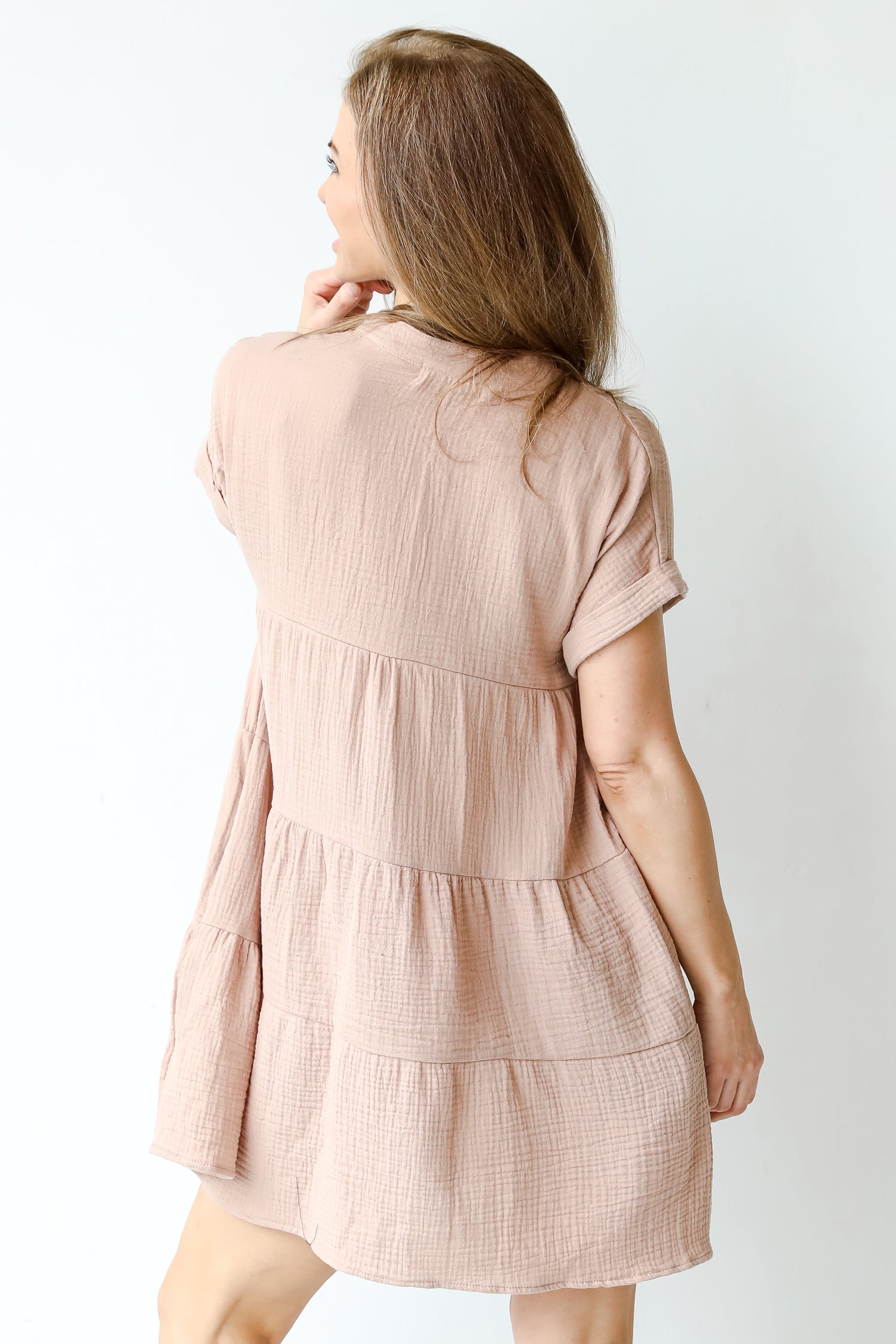 Linen Tiered Mini Dress in oatmeal back view
