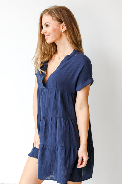 Linen Tiered Mini Dress in navy side view