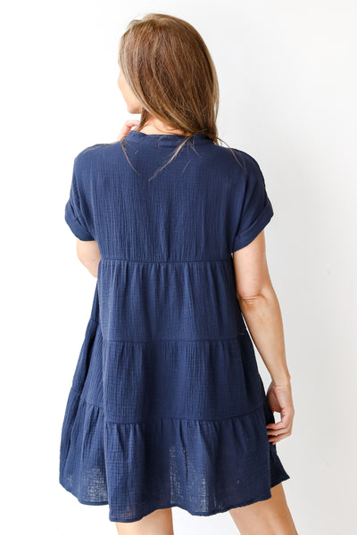 Linen Tiered Mini Dress in navy back view
