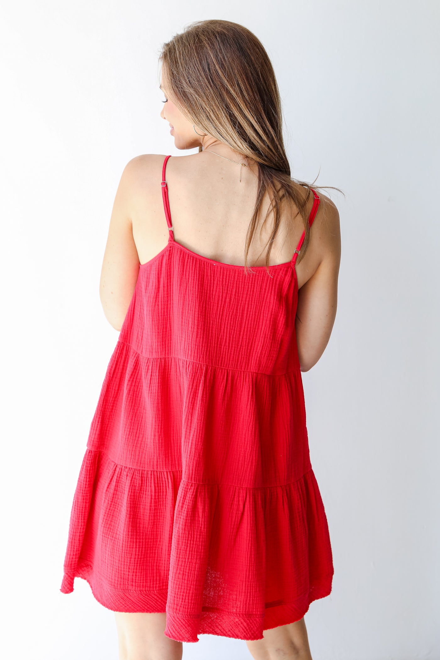 Tiered Linen Mini Dress in red back view