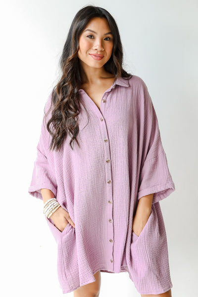 Linen Tunic in lavender on model