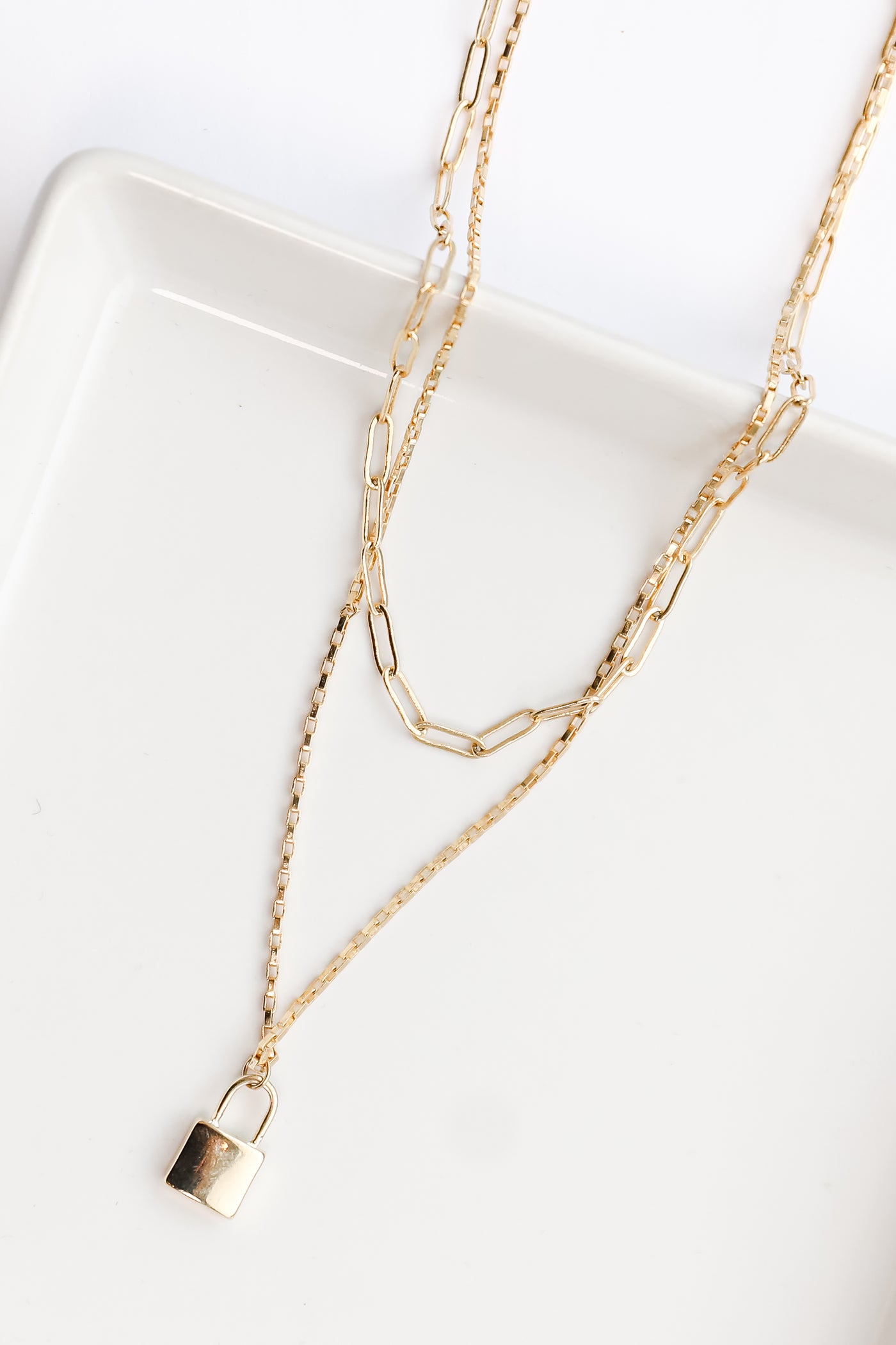 Gold Padlock Layered Necklace flat lay