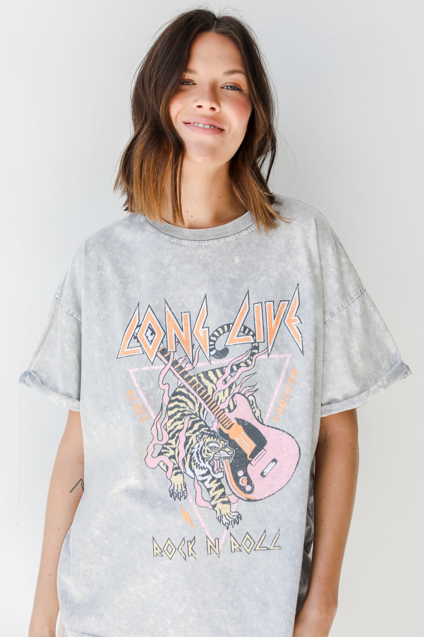 Long Live Rock N Roll Acid Washed Tee front view