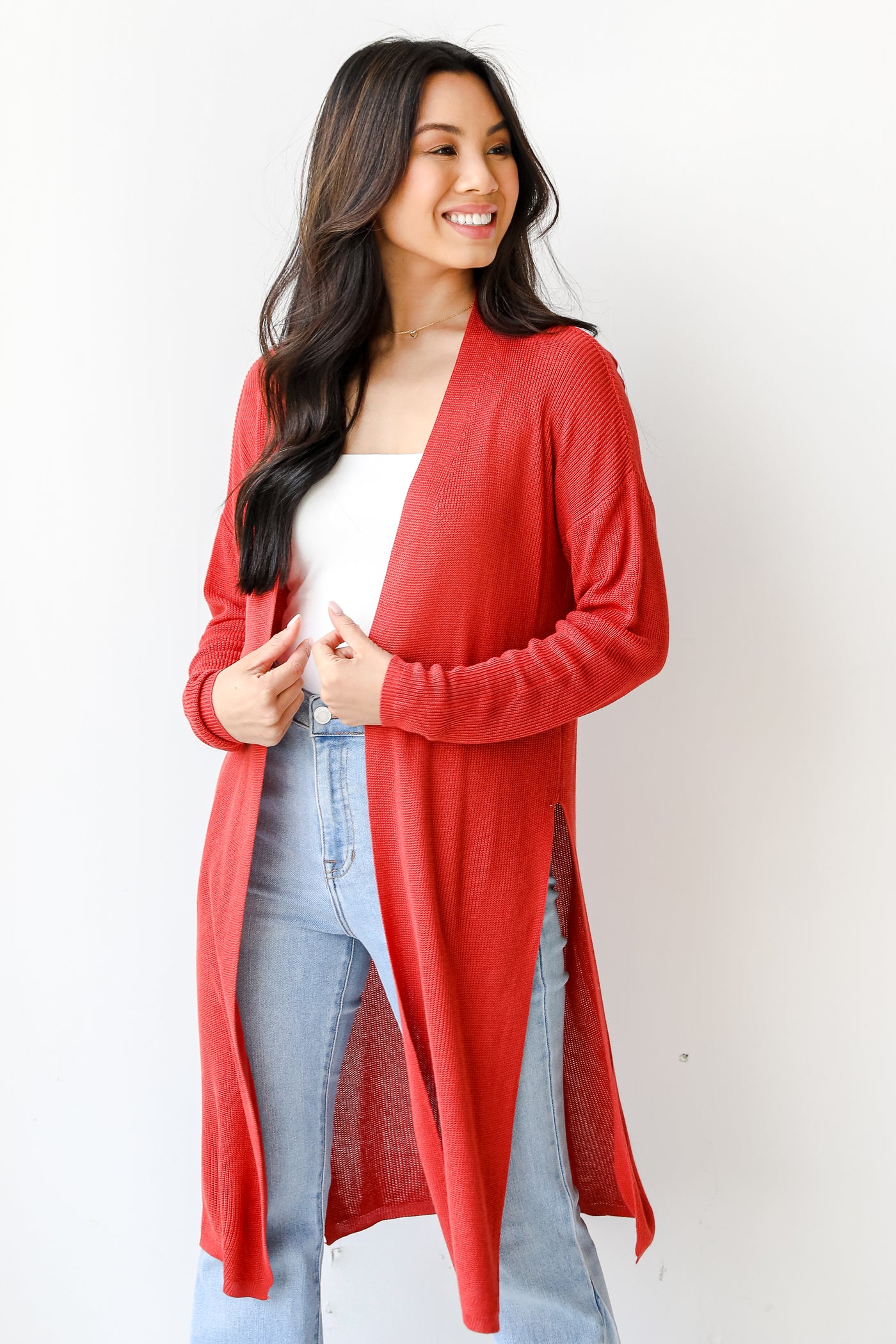 Cardigan in coral on model