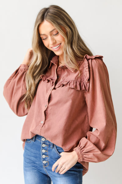 Ruffled Button-Up Blouse front view