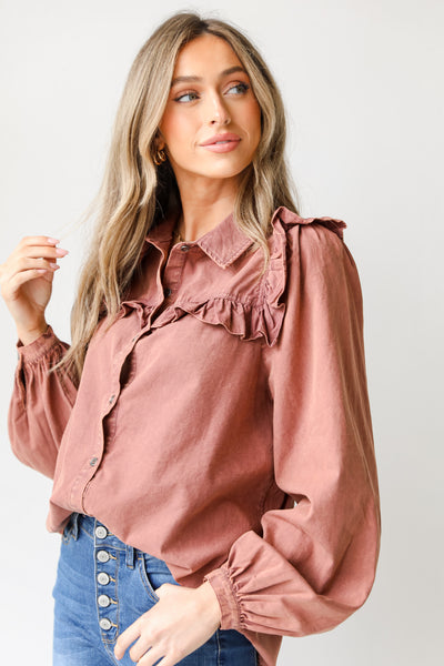 Ruffled Button-Up Blouse close up