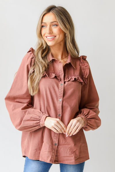 Ruffled Button-Up Blouse on model