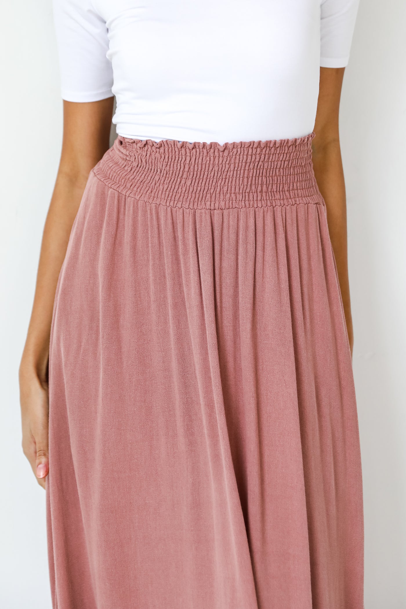 pink Maxi Skirt close up on model
