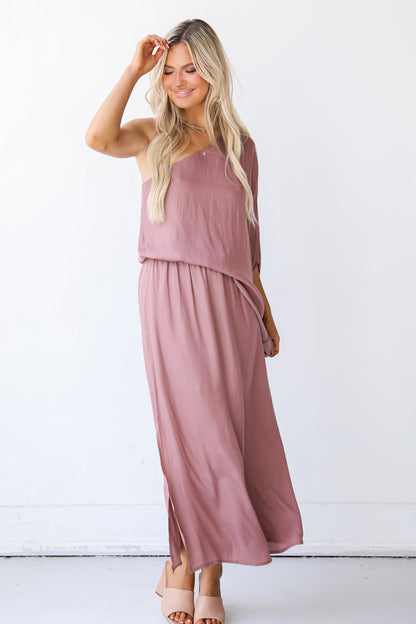 mauve One-Shoulder Maxi Dress on model
