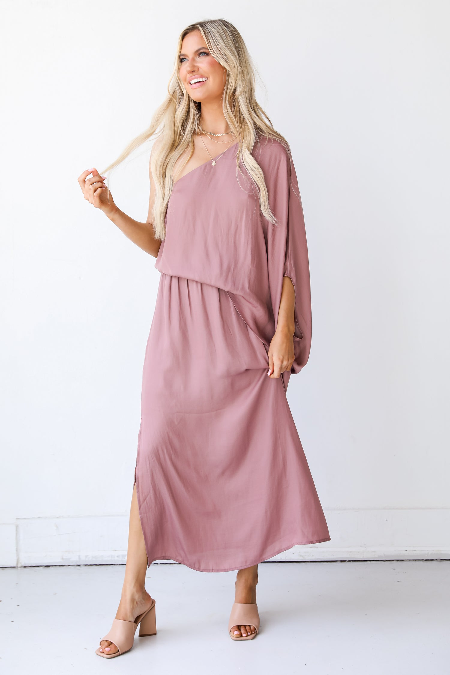 mauve One-Shoulder Maxi Dress front view