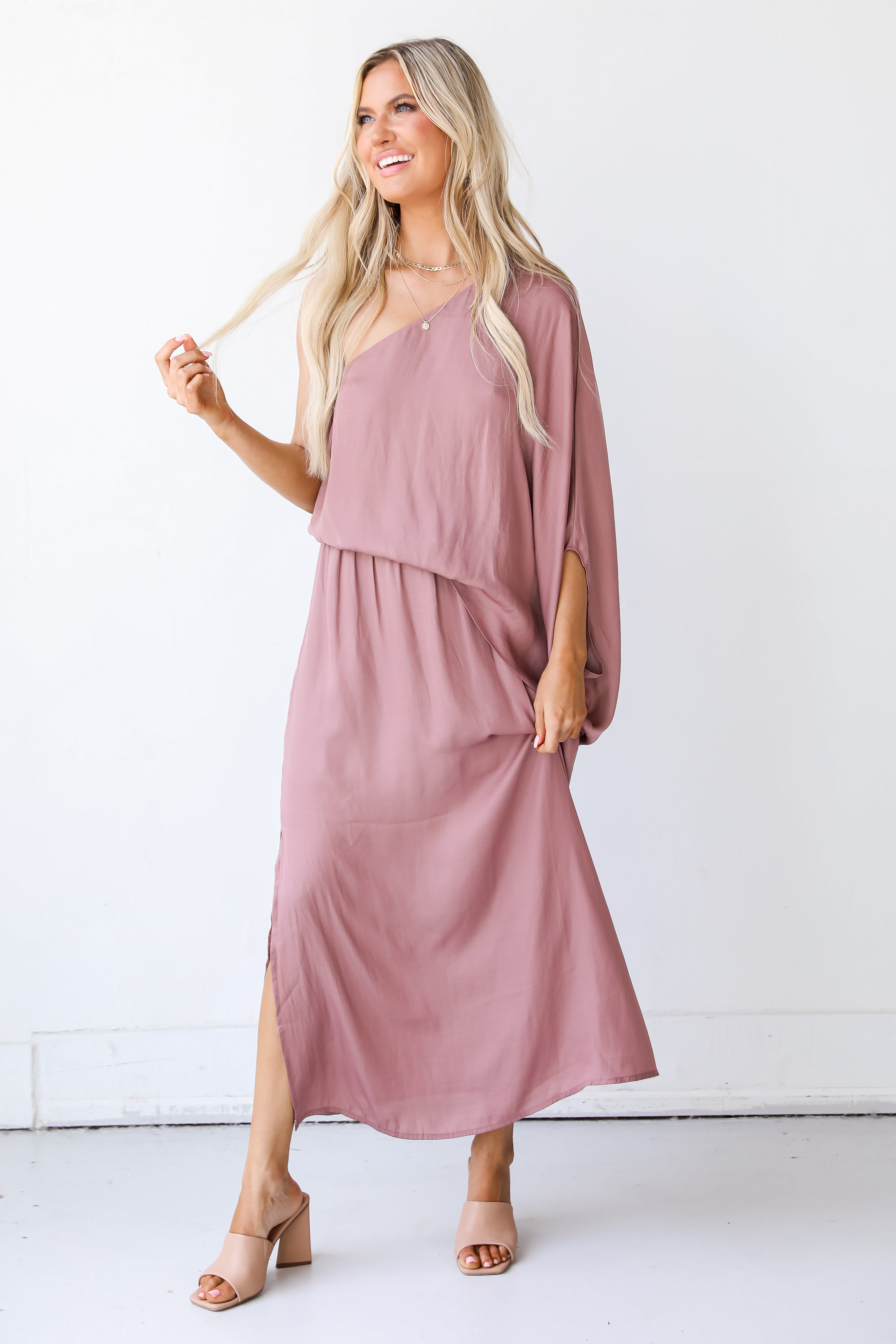mauve One-Shoulder Maxi Dress front view