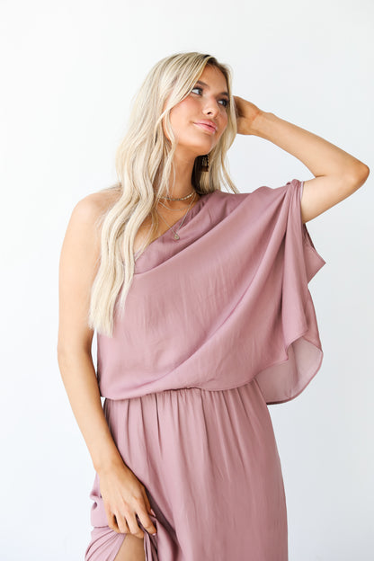 mauve One-Shoulder Maxi Dress on dress up model