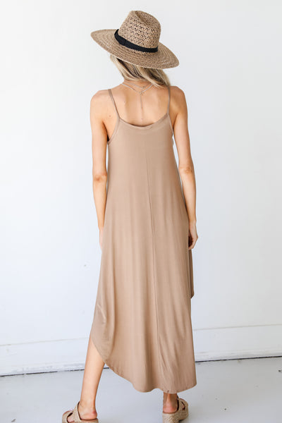 Jersey Knit Maxi Dress in taupe back view