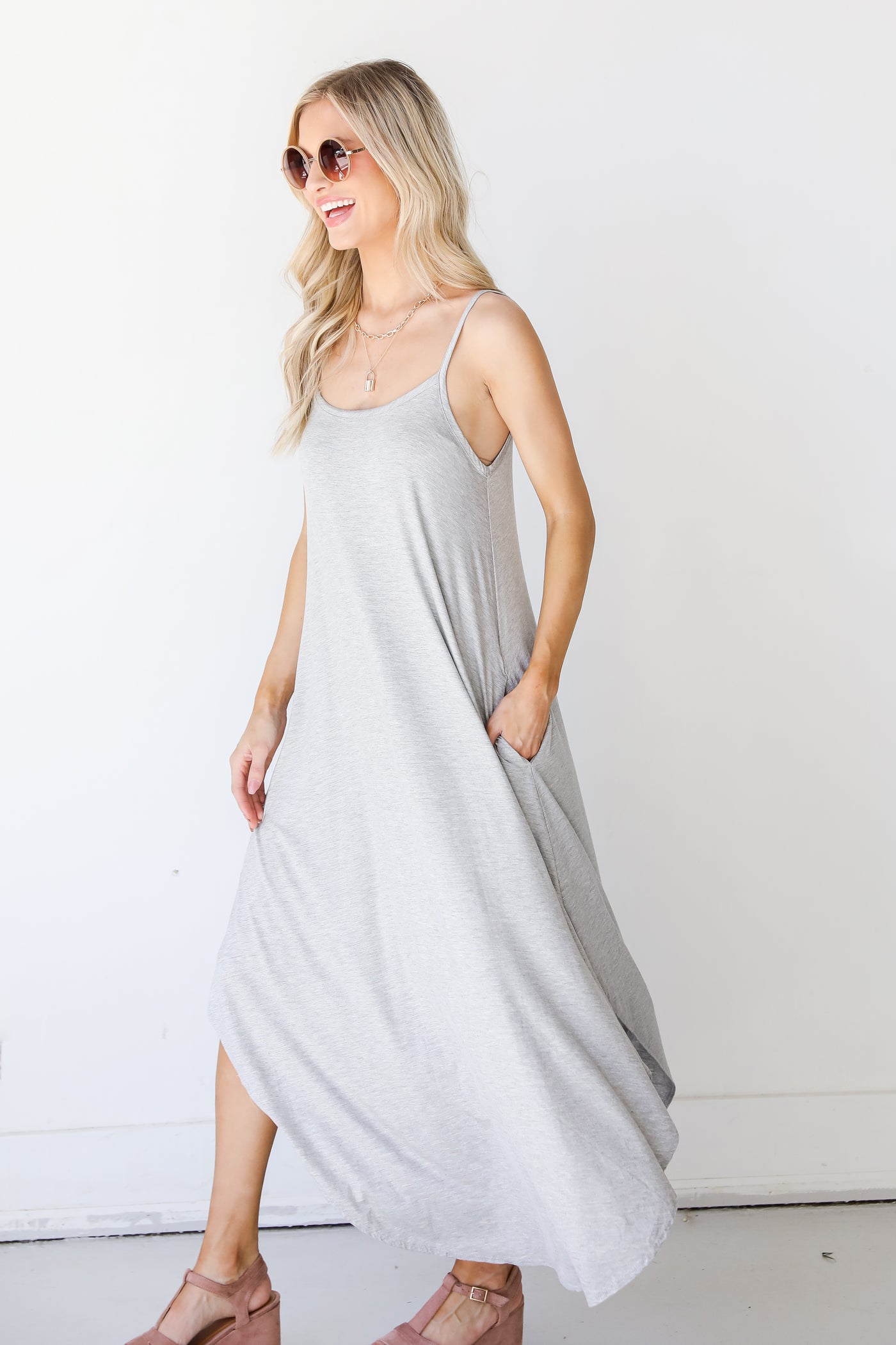 Jersey Knit Maxi Dress in heather grey side view