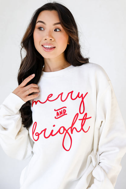 Merry And Bright Pullover. Christmas Graphic Sweatshirt. Oversized Trendy Sweatshirt