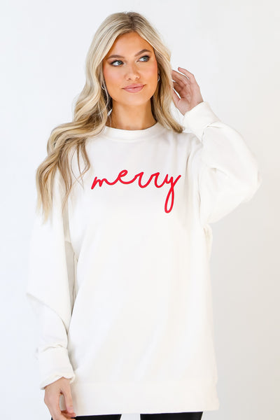 Red Merry Script Pullover on model