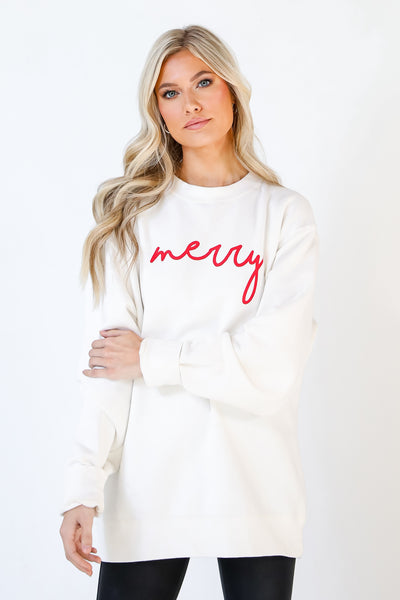 Red Merry Script Pullover front view