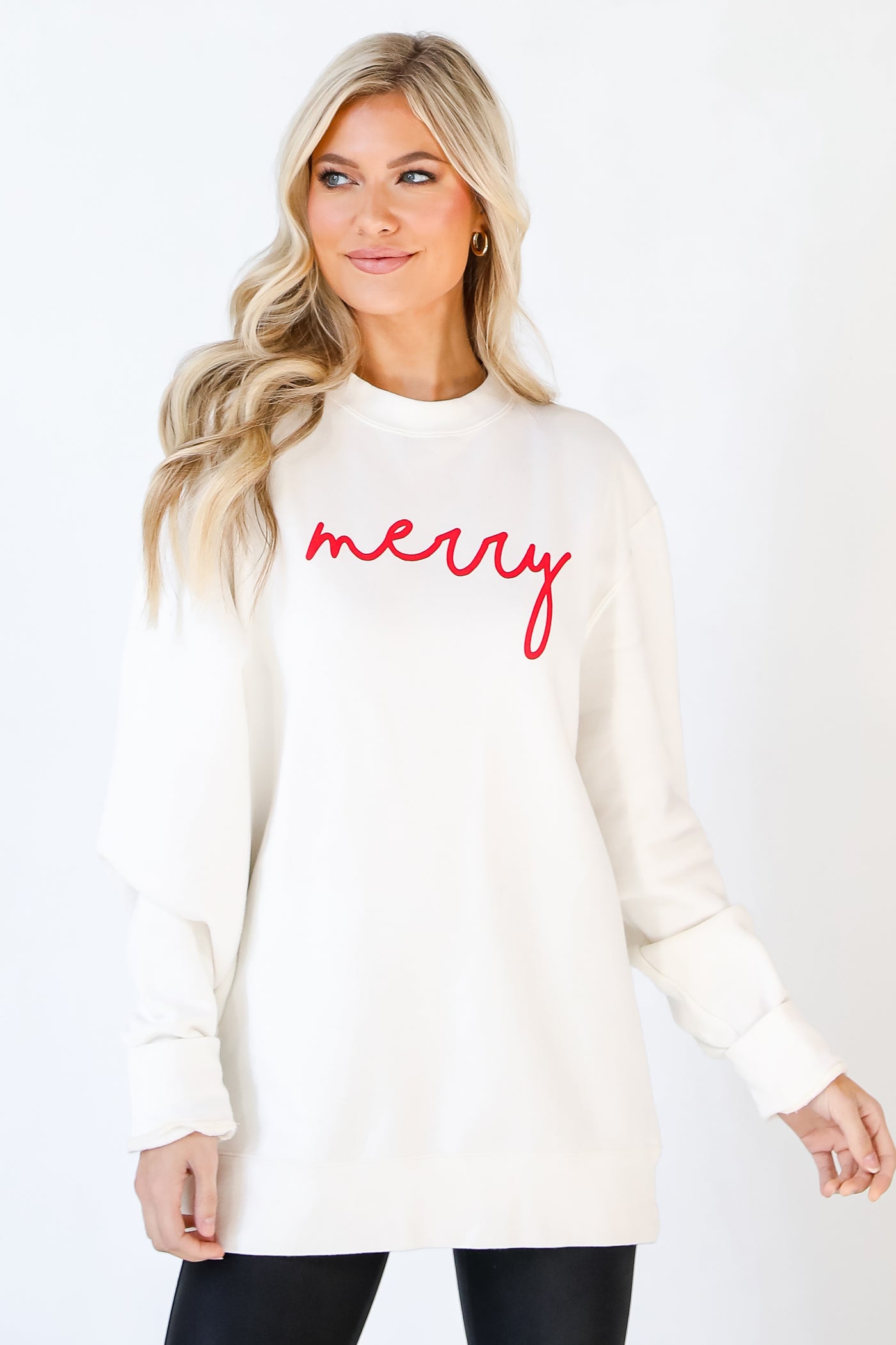Red Merry Script Pullover. Christmas Graphic Sweatshirt. Oversized Comfy Christmas Sweatshirt
