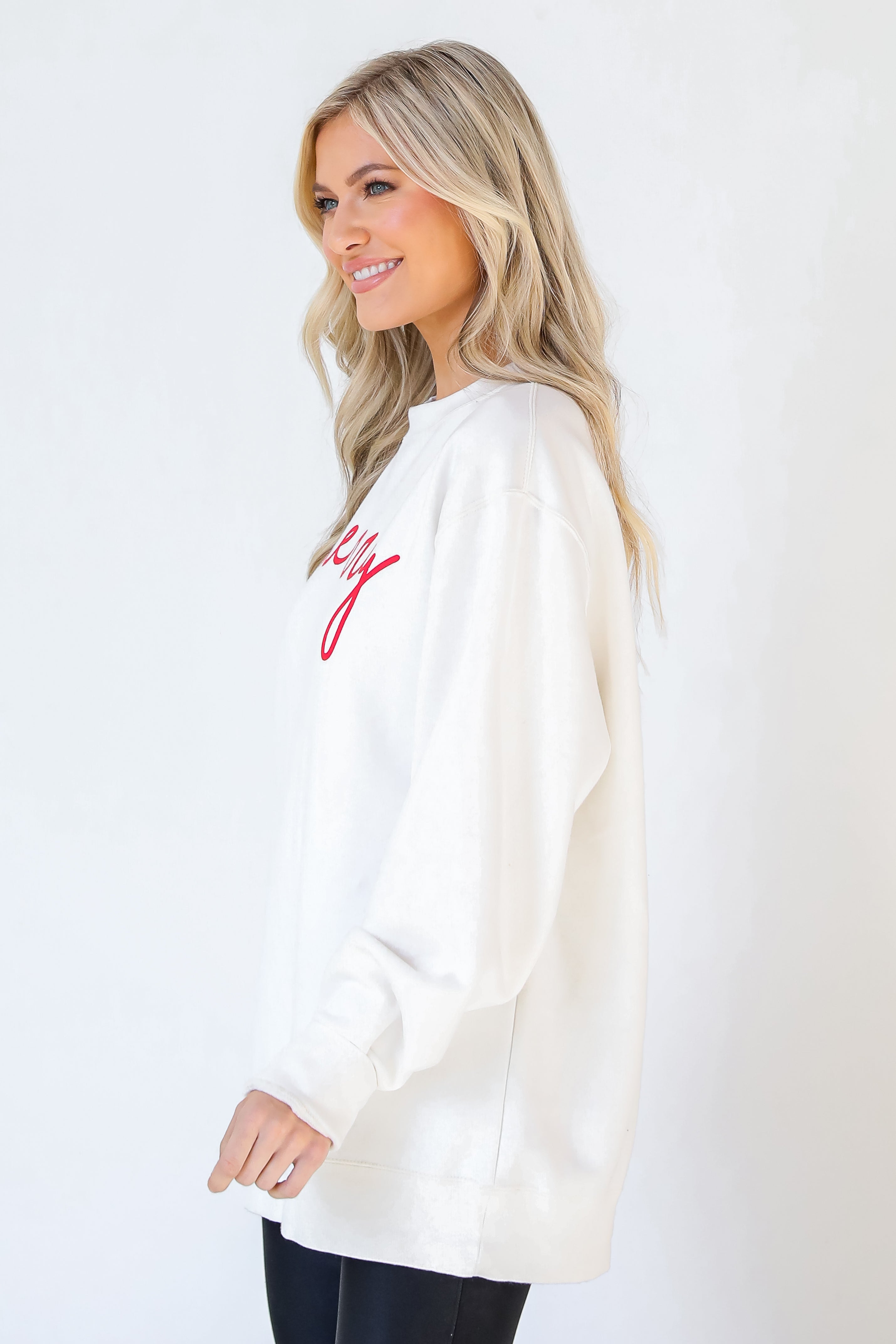 Red Merry Script Pullover side view