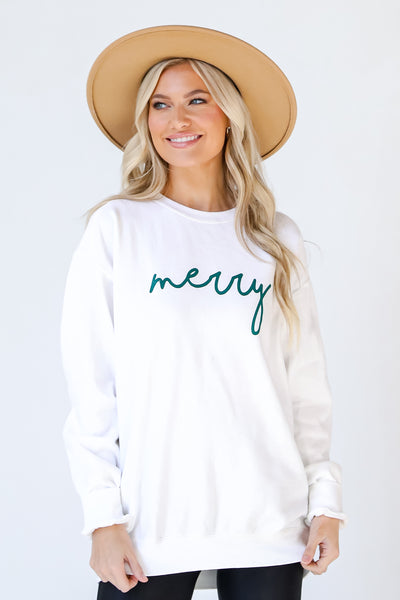 Green Merry Script Pullover front view