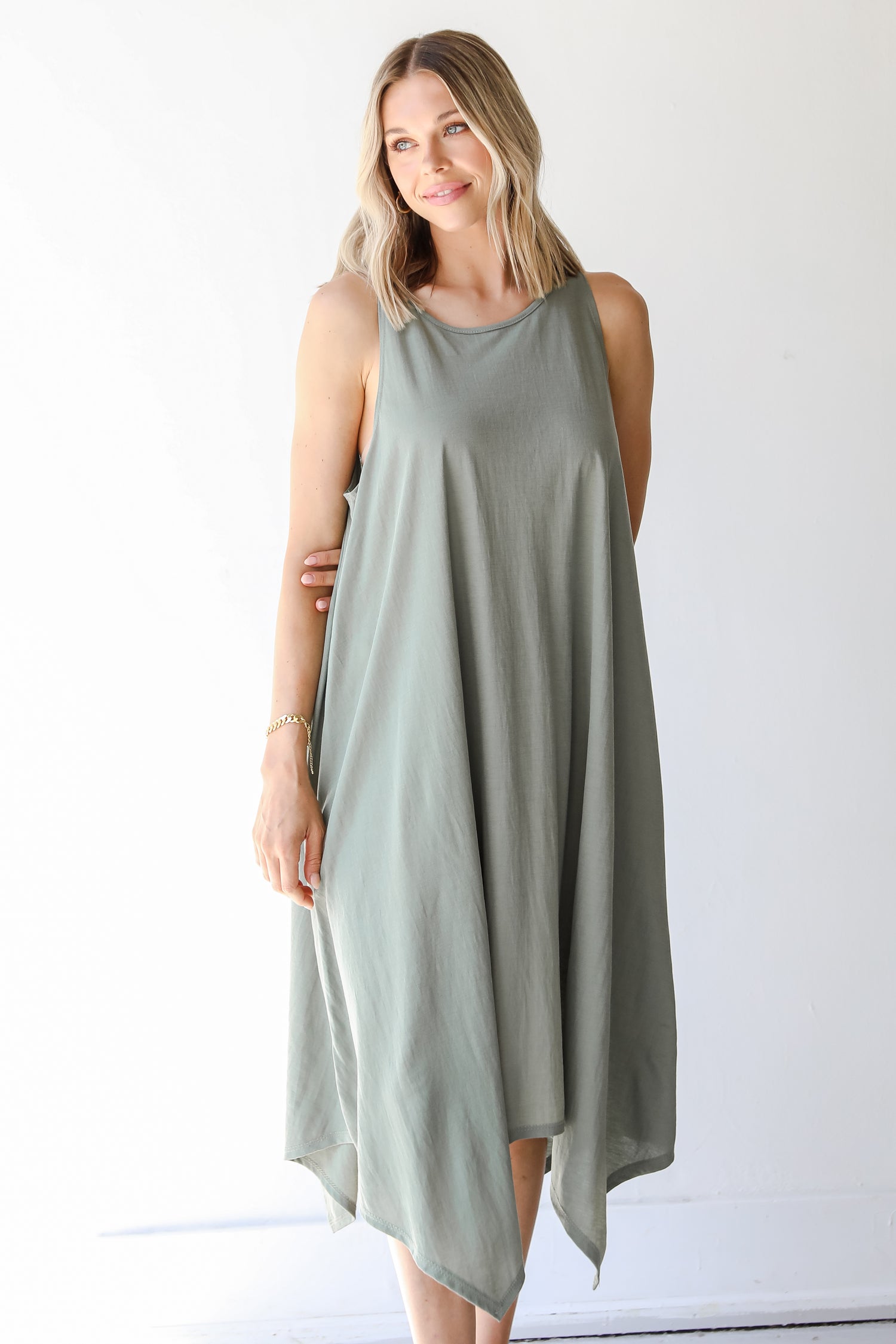 Tapered Midi Dress in sage on model