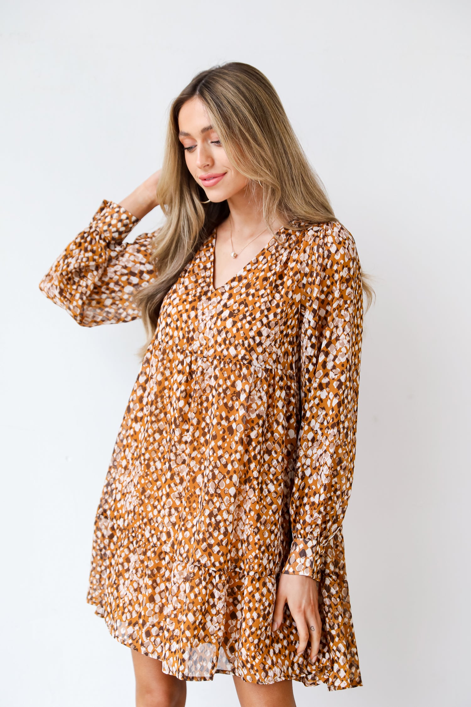 camel Babydoll Mini Dress front view